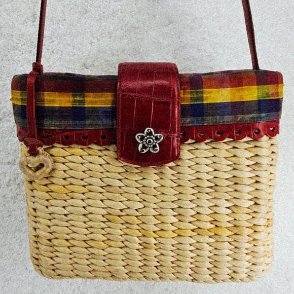 BRIGHTON Natural Woven Straw Madras Plaid Silk Red Croco Embossed Shoulder Bag - Picture 1 of 15
